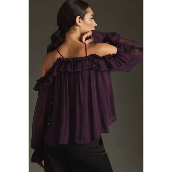 By Anthropologie Sheer Ruffled Blouse dark purple Women's Size Medium /j2 - Picture 2 of 8